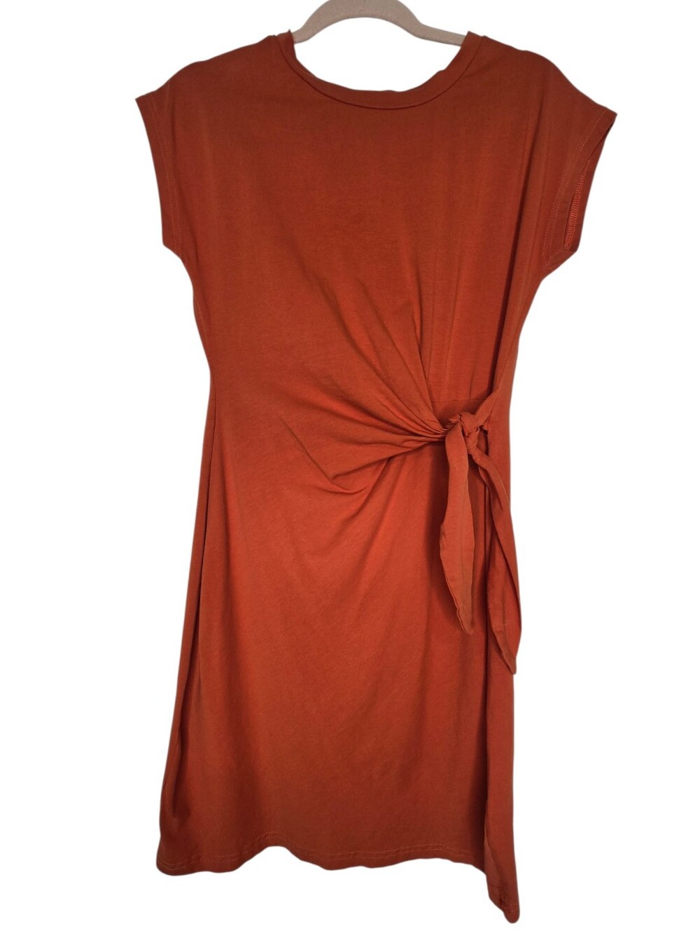 Orange t-shirt midi dress featuring a side tie-waist detail